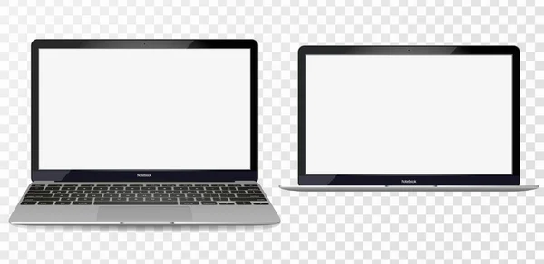 Modèle d'ordinateur portable avec écran vierge - vue frontale. Ordinateur portable ouvert avec écran vierge isolé sur fond transparent — Image vectorielle