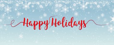 Kar taneleri Happy Holidays ile mavi bir arka plan üzerinde yazı fırça. Vektör.