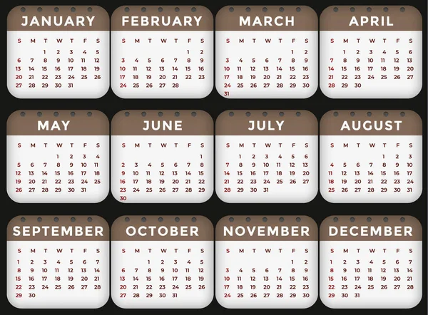 Vektor Kalendář Rok 2019 Týden Začíná Neděle Jednoduchý Plochý Vektorové — Stockový vektor