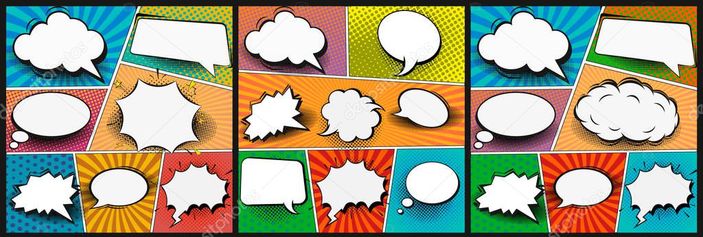 Colorful comic book background.Blank white speech bubbles of different shapes. Rays, radial, halftone, dotted effects. Vector illustration in pop art style.