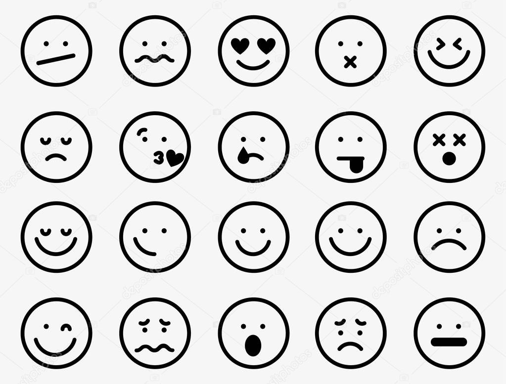 Smiley emoticons line icons. Happy, sad, upset, crying, love, cool, star, kiss, sleepy and other vector emotions.