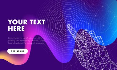 Touch the future hand analytics. Innovations robot systems and technologies in big data. development computers technology automatically process. Full color future style.