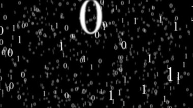 İkili kod siber. Sıfır ve bir siyah arka plan üzerine beyaz. Hareketlendirilen matris.