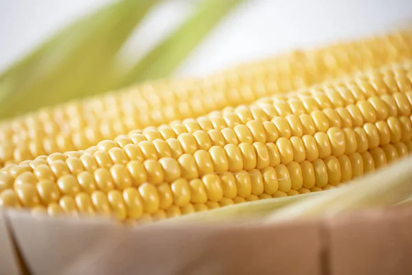 Kolf Rijpe Gesneden Maïssuiker Ligt Een Rieten Mandje Gele Maïskorrels — Stockfoto