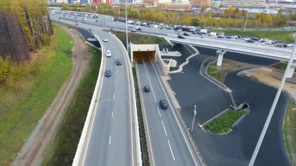 Drone Flies Road Urban Junction Highway Moscow Bird Eye View — Stock Video