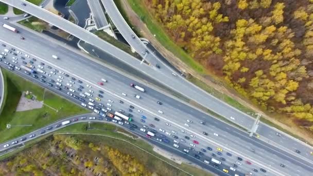 Drone Vuela Sobre Cruce Urbano Carretera Autopista Moscú Vista Pájaro — Vídeo de stock