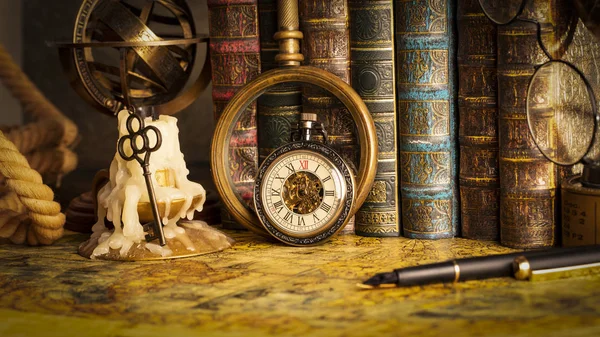 Antika saat arka planda bir büyüteç ve kitap. Vintage tarzı. 1565 yıl eski Haritası.