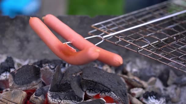 Gotowanie Kiełbasy Dla Gorącego Psa Zewnątrz Gotowanie Węglu Grillu Poza — Wideo stockowe
