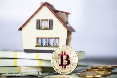 Kripto para birimi Bitcoin sikkesi. Altın sikke ve yüz paketleri