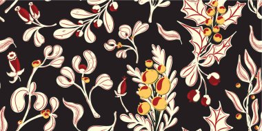 Botanik kusursuz desen. Böğürtlen, yapraklı dallar, Noel, kış bitkileri. Düz biçim