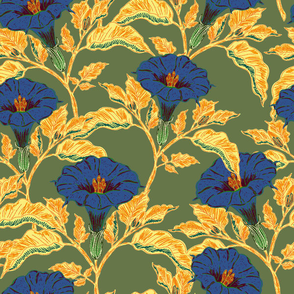 Бесшовный ботанический рисунок с цветущими цветами датура и пышной листвы в ручном, винтажном стиле. Вдохновленные старинными цветочными иллюстрациями и средиземноморской природой. 