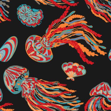 Deniz hayvanları kusursuz bir yol izlerler. Parlak zarif renkli desenli denizanası.