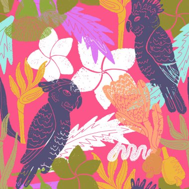 Palmiye yaprakları ve egzotik çiçeklerle desensiz tropik desenler..