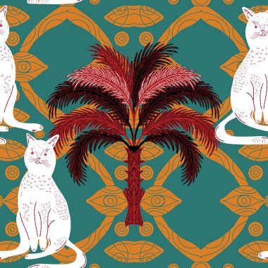 Avuçlar ve kediler. Egzotik, tropik, pürüzsüz desen. Eskiz ögeleri ile modern retro biçimi.