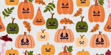 Şirin balkabaklarıyla kusursuz bir desen. Halktan gelen tuhaf bir tarzda su kabakları. Sonbahar dekorasyonu, tekstil, ambalaj, Şükran Günü ve mevsimsel tasarım projeleri için mükemmel..