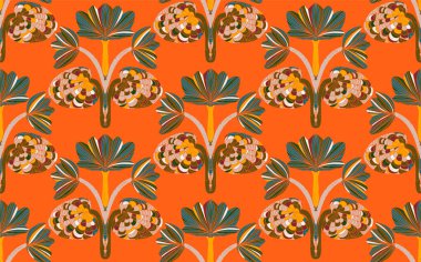 Dekoratif çiçekler ve folklorik sanat tarzında yapraklarla kusursuz çiçek deseni. Geleneksel motiflerden esinlenilmiş klasik süsleme baskısı. Tekstil, duvar kâğıtları ve kırtasiye malzemeleri için mükemmel..