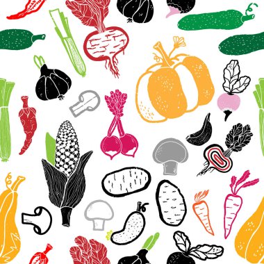 Kaba, elle çizilmiş, pürüzsüz bir sebze deseni. Bu stil çizimi sağlıklı beslenme temalı ambalaj, tekstil ve duvar kağıdı tasarımları için uygundur.