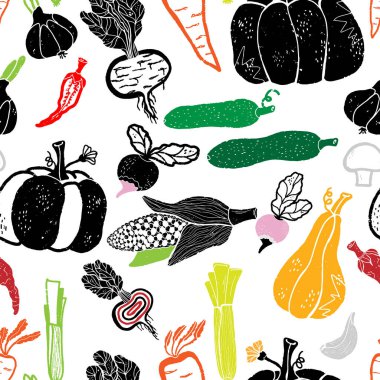 Kaba, elle çizilmiş, pürüzsüz bir sebze deseni. Bu stil çizimi sağlıklı beslenme temalı ambalaj, tekstil ve duvar kağıdı tasarımları için uygundur.