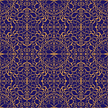 Soyut desenli, koyu mavi ve turuncu şekilli kusursuz bir desen. Bu karmaşık, dekoratif süs tekstil, duvar kağıtları, ambalaj ve diğer tasarım projeleri için mükemmeldir.