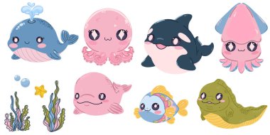 Şirin, kawaii düz deniz canlıları ve balıkların çizimleri. Çocuk projeleri, kartlar, çıkartmalar ve tasarım için mükemmel..