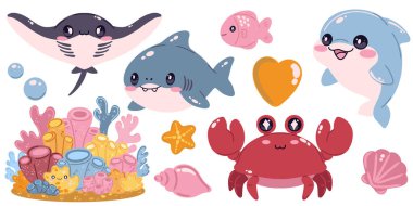 Şirin, kawaii düz deniz canlıları ve balıkların çizimleri. Çocuk projeleri, kartlar, çıkartmalar ve tasarım için mükemmel..