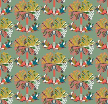 Kusursuz desenli, stilize çiçekler ve folklorik sanat tarzında yapraklar. Geleneksel motiflerden esinlenilmiş klasik botanik baskı. Çağdaş linocut esinlenilmiş süs tasarımı