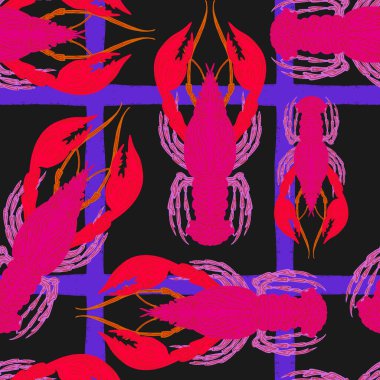 Elle çizim tekniğiyle yapılmış ıstakozlarla kusursuz desen. Akdeniz atmosferli klasik tropikal tarzda. Tekstil, duvar kağıdı, ambalaj, tasarım ve dekor için ideal.