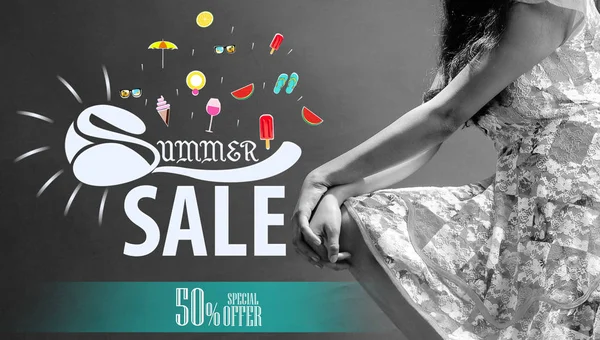 Young South Asian Girl Posing Summer Sale Promotional Banner — Stock Photo, Image