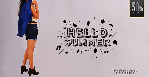 Hello Summer Young Girl Posing Summer Sale Promotional Banner — Stock Photo, Image