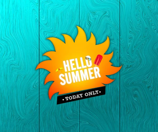 Sol Amarelo Com Fundo Madeira Hello Summer Sales Banner Design — Fotografia de Stock