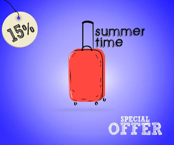 summer sale banner design with red color plastic travel bag in blue background,