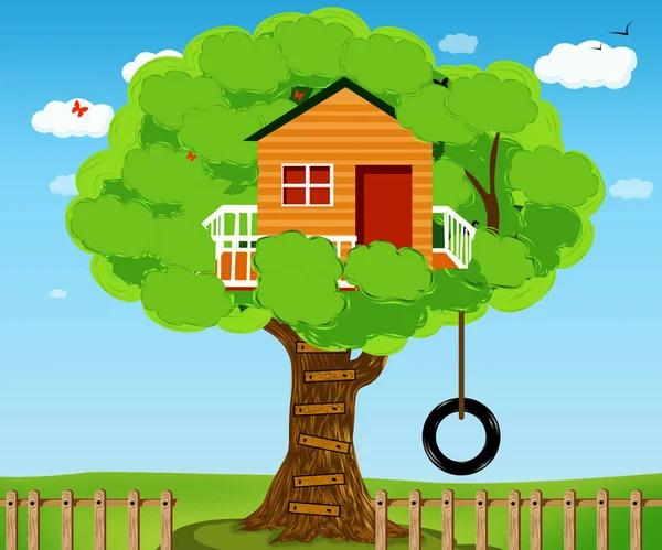 木の家 子供のための木の家 子供遊び場スイングとはしご — ストック写真