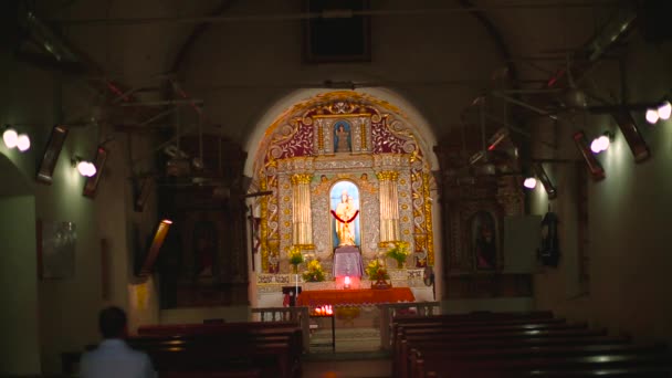 Een Man Interieur Kerk Met Standbeeld Van Maagd Maria Kerk — Stockvideo