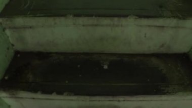 Kamera, üst katta, tırmanma merdivenleri boş terk edilmiş binada taşır.