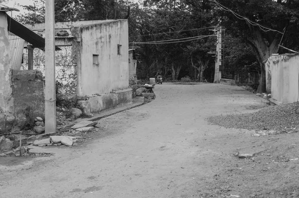 Empty Village Street in India, black and white