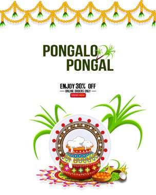 Mutlu Pongalo pongal tebrik kartı arka plan resmi. Tasarım ile % 30 indirim illüstrasyon - büyük Pongal teklif tasarım arka plan