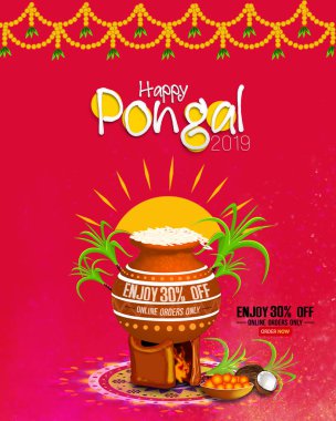 Mutlu Pongal Tamil Nadu Hindistan arka plan ile geleneksel çamur tencerede pilav Bayramı resmi,