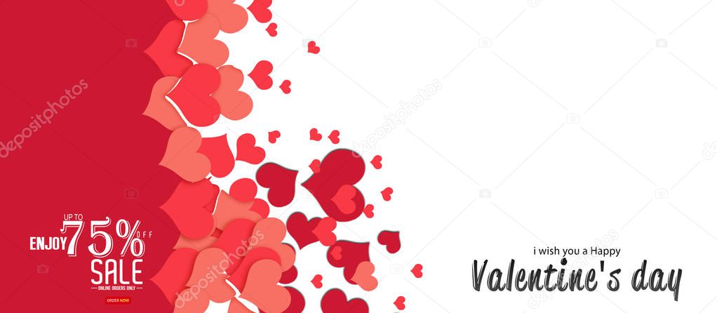 Valentine's day sale offer, banner template. Pink heart with lettering, isolated on white background.