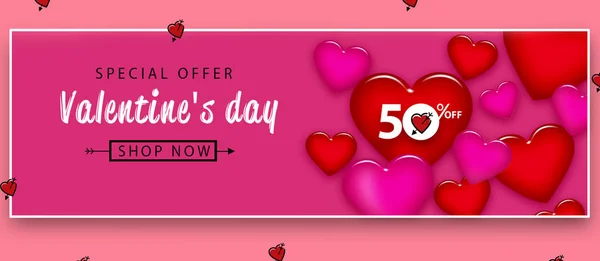 Valentine\'s day sale offer, banner template. Pink and Red heart with lettering, isolated on pink background.