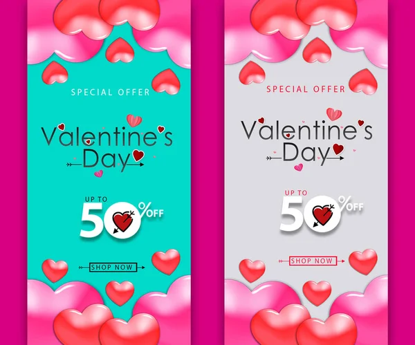 Template design vertical banner for Valentine's day special offer background with decor heart and particles for happy Valentine's day sale.