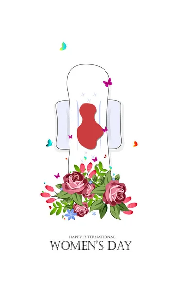 Dünya Kadınlar günü 8 Mart renkli çiçeklerle, kavram kadının ağrı yumuşak yastık adet kanı - kağıt sanat tarzı ile. -Vektör — Stok Vektör