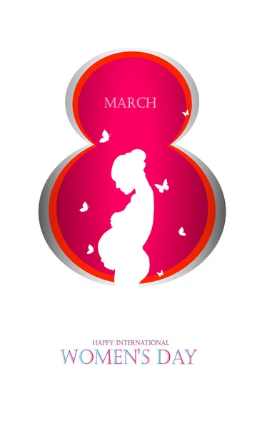Mutlu Dünya Kadınlar Günü. Kağıt kesim tarzı hamile kadın 8 Mart arka plan. Kelebek olan kadın. Kağıt Sanat 3d dijital el sanatları tarzı. -Vektör - Vektör — Stok Vektör