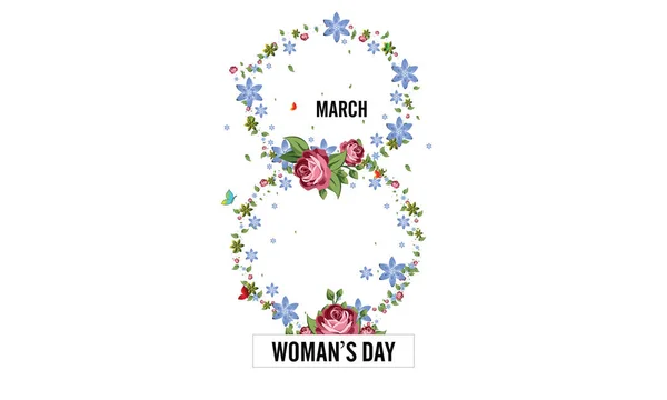 International Women's Day kartkę z życzeniami z 8 marca z ramą z kwiatów i liści, styl sztuki papieru. -Wektor — Wektor stockowy