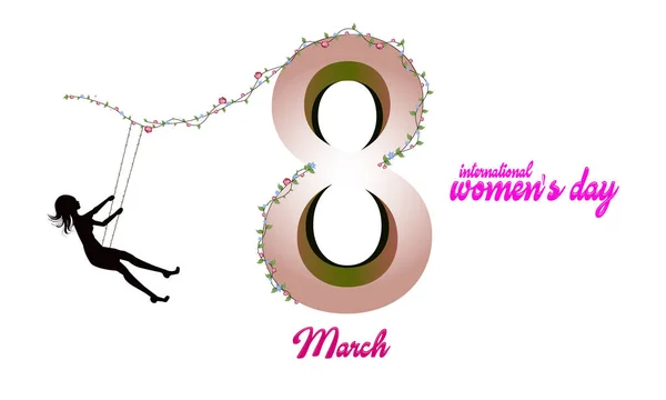 Internationaler Frauentag am 8. März mit Blumen. Silhouette Mädchen auf Schaukel. - Vektor — Stockvektor
