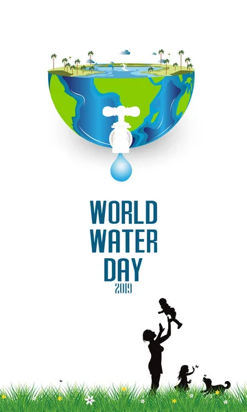 Concept de journée mondiale de l'eau avec la famille dans le jardin.paper art et style artisanal - vecteur — Image vectorielle