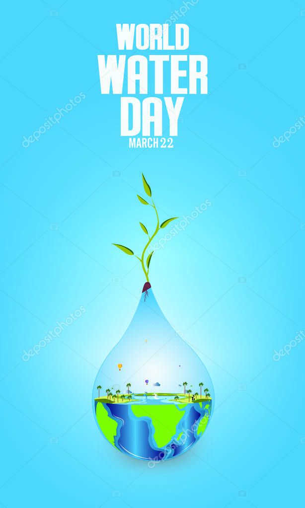 Water drop and green leaves, World water day vector, Vector Ecology