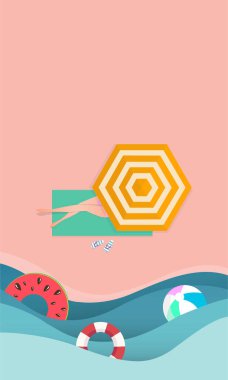 şemsiye, topları, deniz ile üst görünüm plaj arka plan. kağıt zanaat tarzında yaz plaj havadan görünümü. kağıt kesim ve zanaat tarzı. Vektör. -