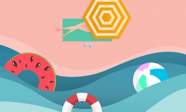 Üstten görünüm plaj şemsiye, topları, yüzmek yüzük, güneş gözlüğü, sörf tahtası, şapka, sandalet, suyu, deniz yıldızı ve deniz ile arka plan. yaz plaj kağıt el sanatları style.paper kesim ve el sanatları tarzı hava görünümünü. vektör. -