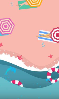 Kağıt kesme tropikal plaj üst görünüm arka plan ile yaz satışı afiş tasarımı. Vektör illüstrasyon-vector