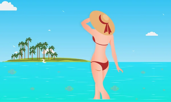 Sommer Hintergrund mit schöner Frau am Meer. Vektor Illustration - Vektor — Stockvektor